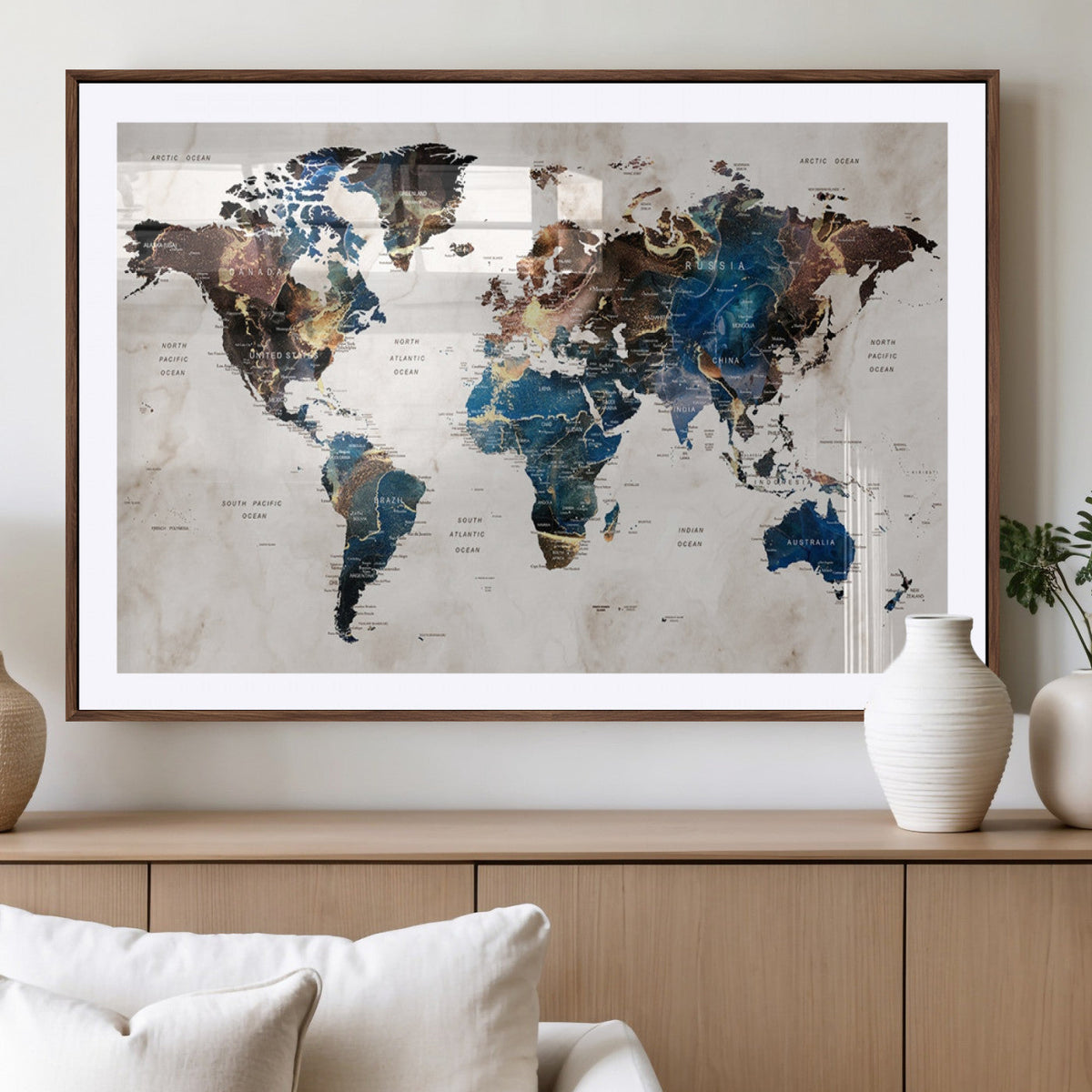 Abstract Earth Tone Blue World Map Canvas Print | Framed Travel Map Wall Art