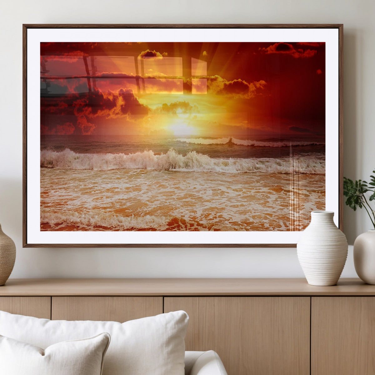 Red Sunset Ocean Beach Canvas Wall Art, Coastal Sunset Print