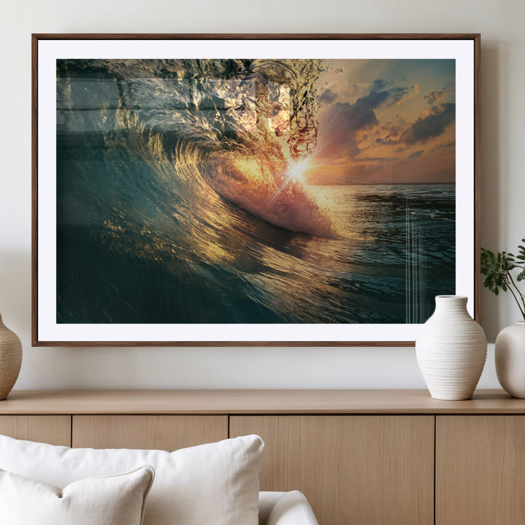 Ocean Wave Sunset Canvas Wall Art | Triptych Seascape Print