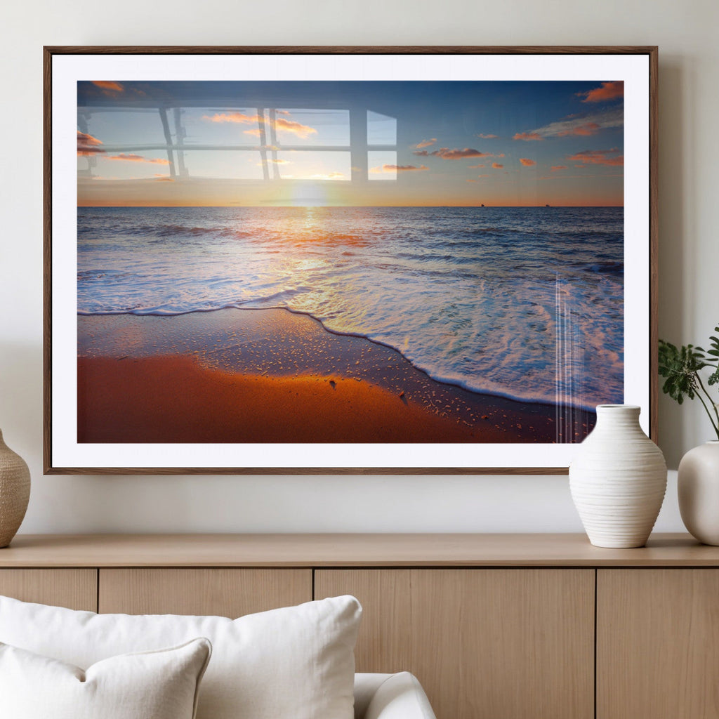 Tropical Ocean Sunset Wall Art Canvas Print, Golden Beach Horizon, Coastal Island Decor