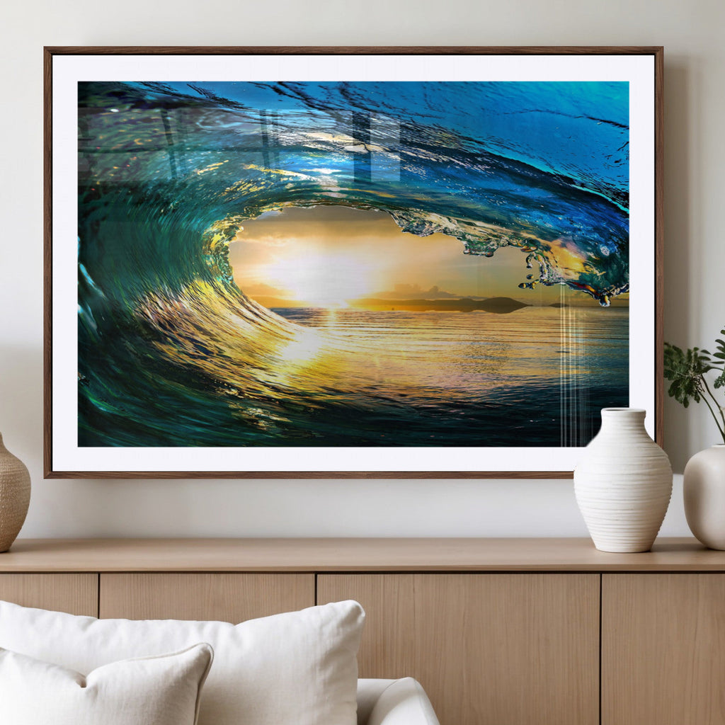 Ocean Wave at Sunset Canvas Art, Large Wall Print of Vibrant Surfing Wave