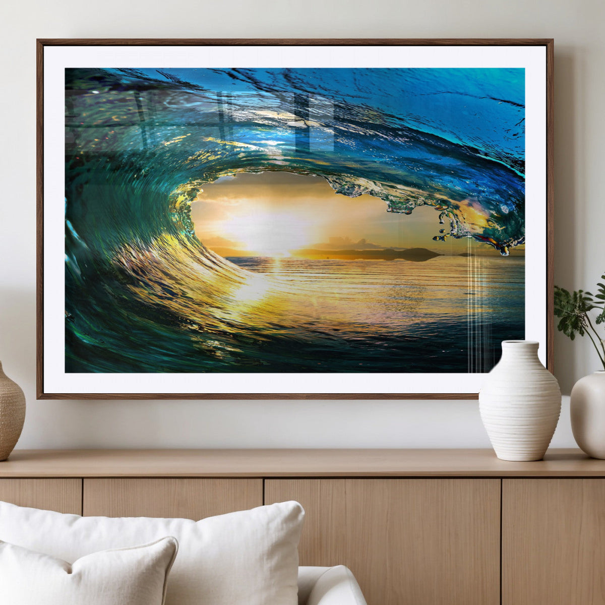 Ocean Wave at Sunset Canvas Art, Large Wall Print of Vibrant Surfing Wave