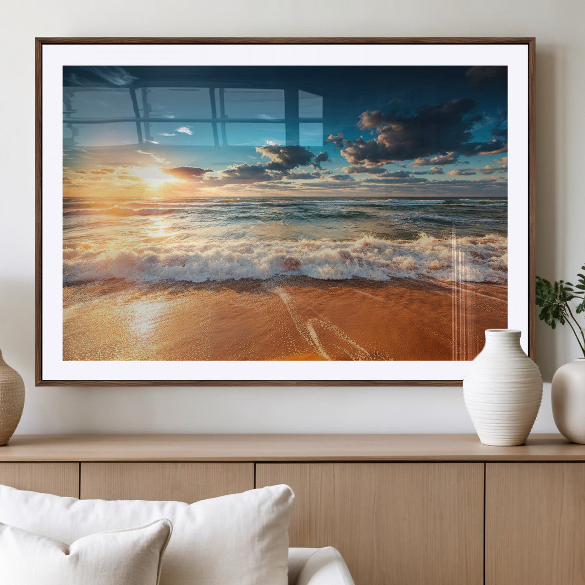 Golden Sunset Beach Triptych Canvas Art, Giclee Coastal Wall Decor, Ocean Waves Print