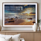 Golden Hour Beach Sunset Canvas Triptych, Ocean Waves and Rocks Wall Art
