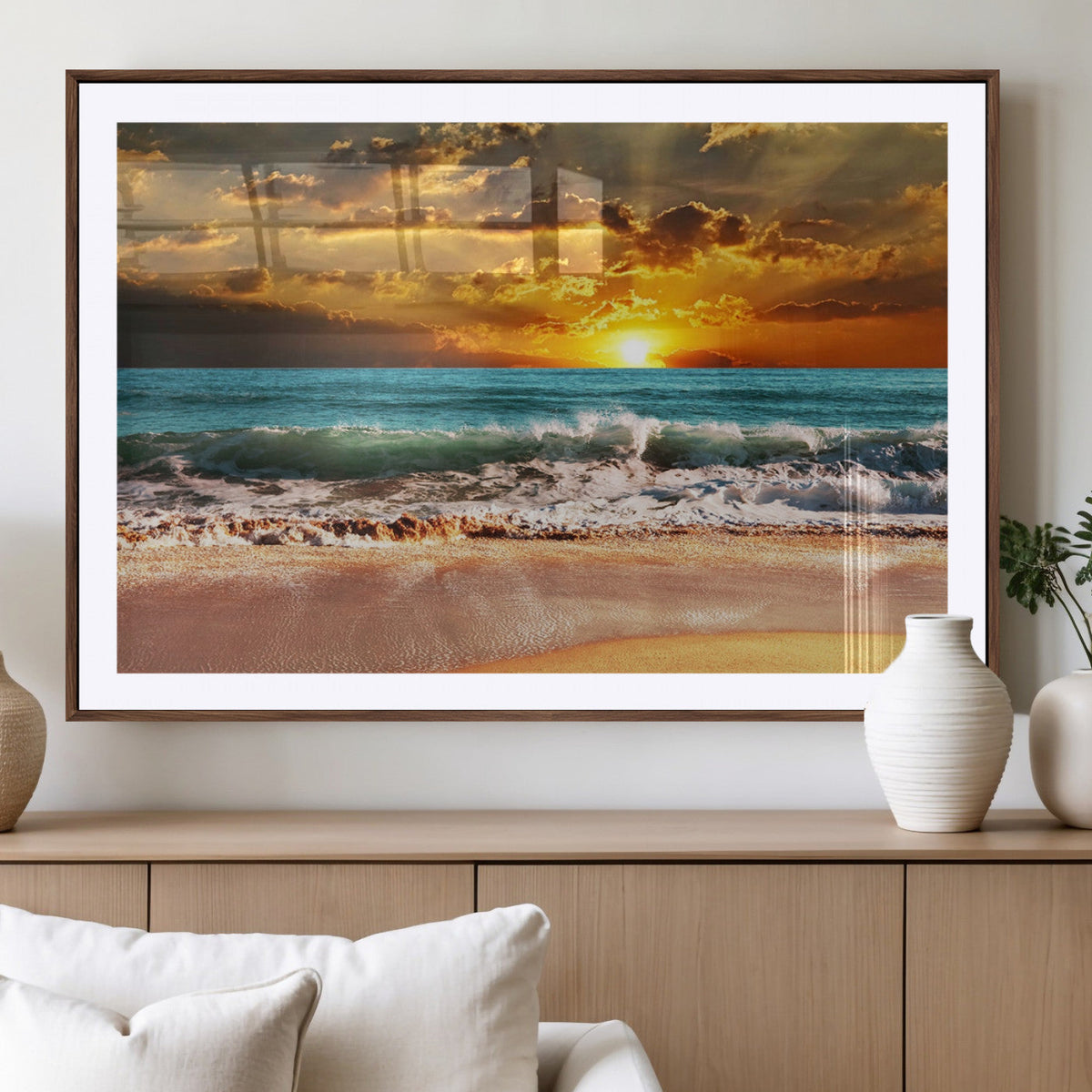 Golden Sunset Beach Canvas Wall Art | Triptych Seascape Print, Framed and Ready to Hang