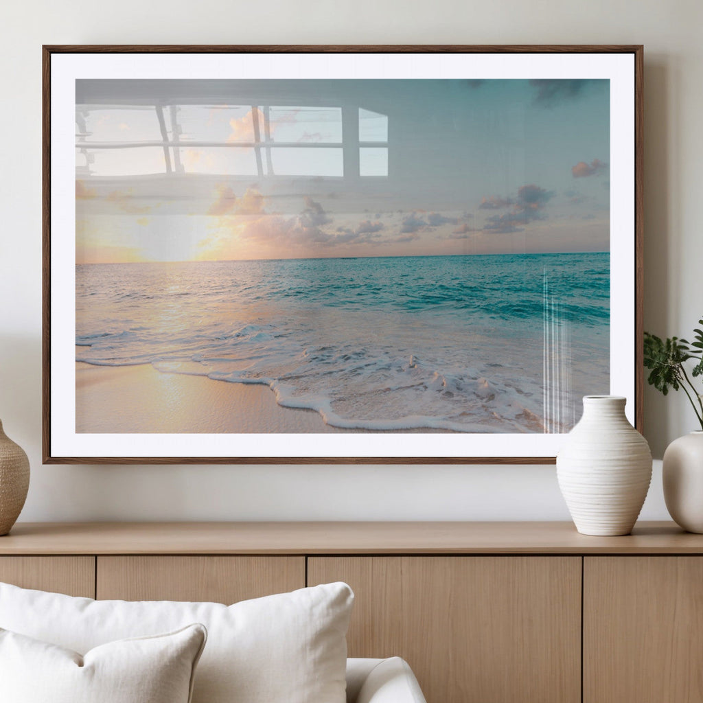 Tranquil Ocean Beach Sunset Canvas Wall Art | 3-Panel Coastal Decor
