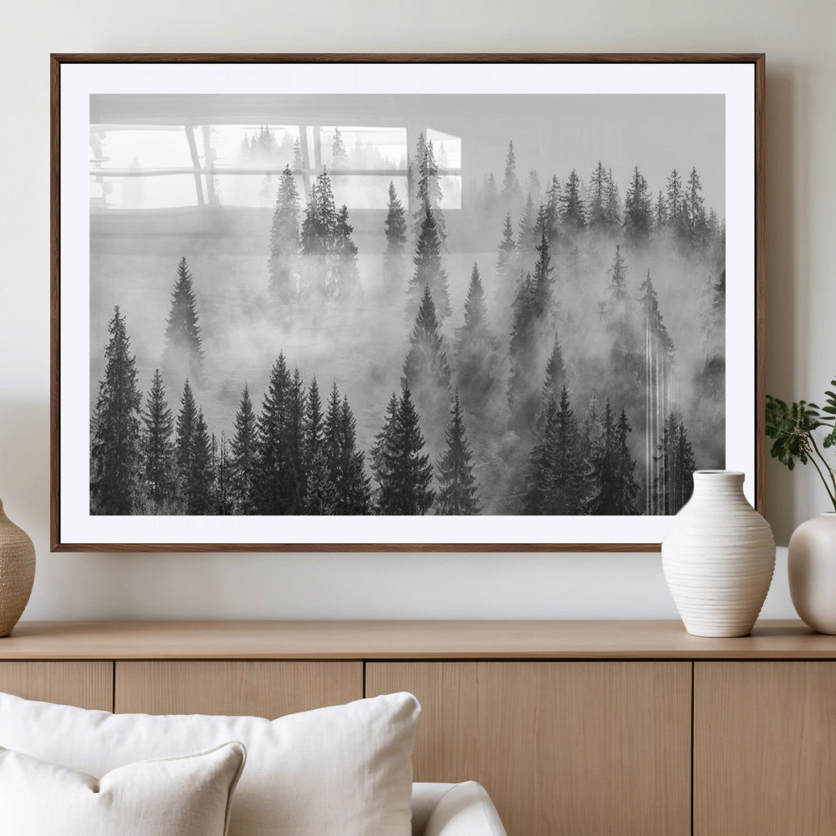 Forest Wall Art Print | Foggy Pine Forest Canvas Wall Art, Black and White Nature Decor