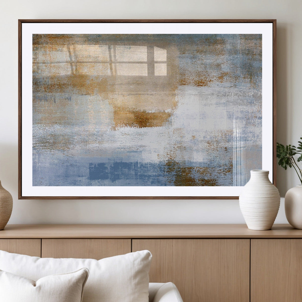 Blue Multi Panel Abstract Wall Art Canvas, Abstract Blue and Gold Canvas Print