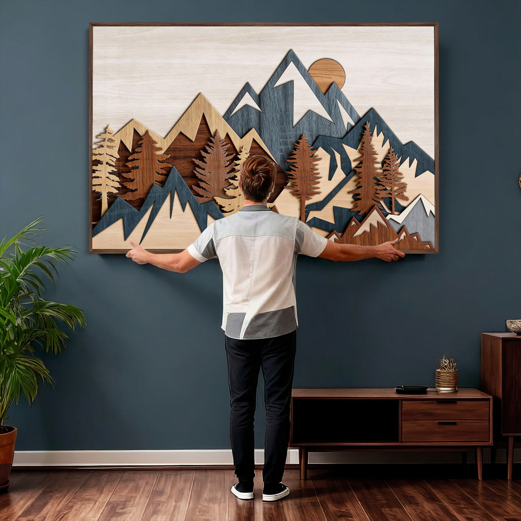 Rustic Abstract Wood Panel Effect Canvas | Mountain Range Top Wood Wall Art Canvas Print