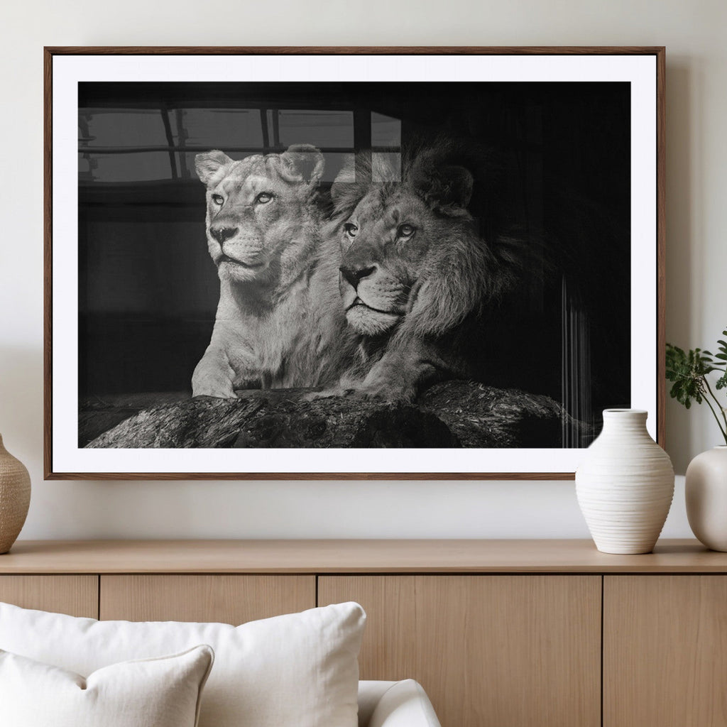 Lion Couple Wall Art Canvas Print, Elegant Black and White Wildlife Portrait