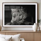Lion Couple Wall Art Canvas Print, Elegant Black and White Wildlife Portrait