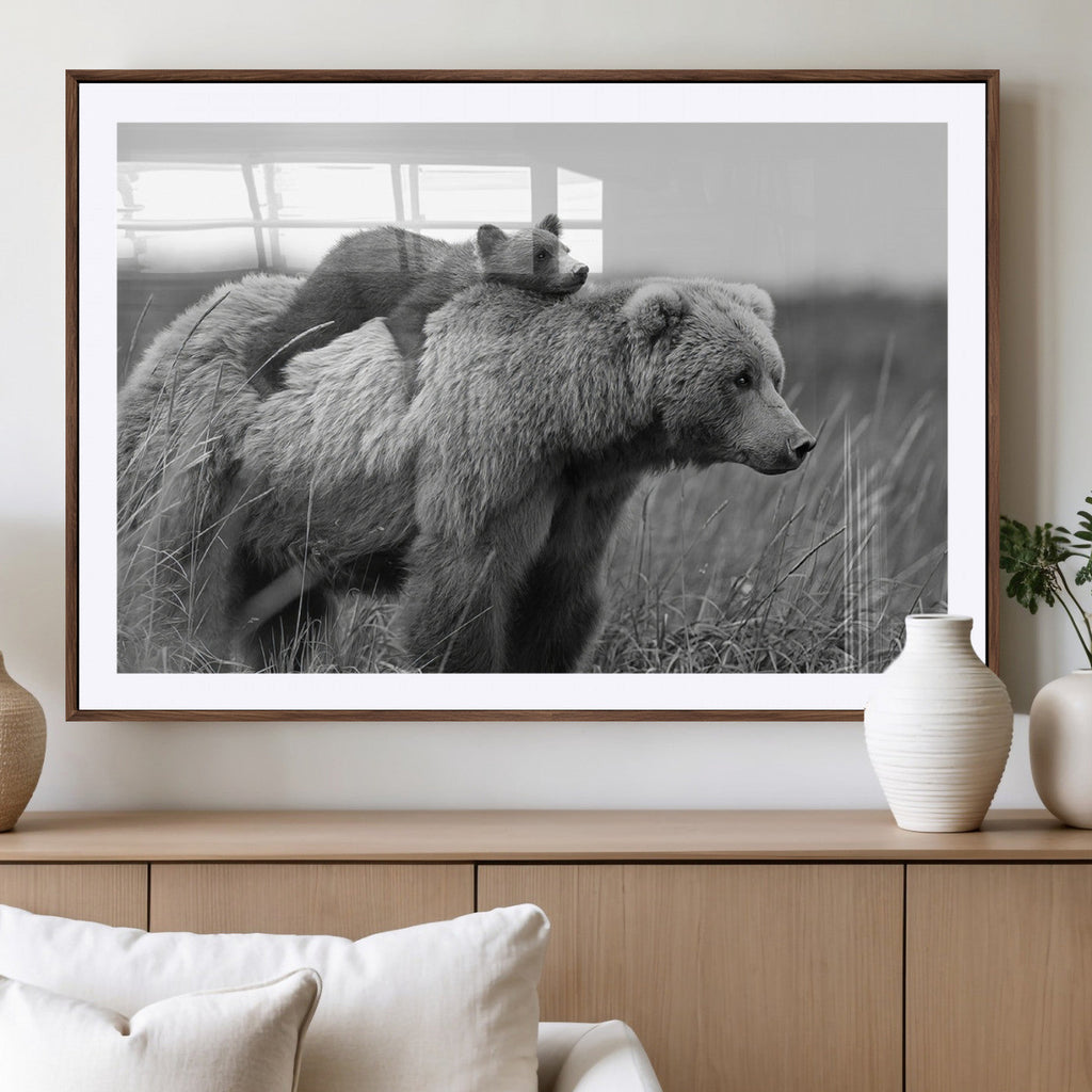 Bear and Cub Wall Art Canvas | Grizzly 399 Bear and Cub Black and White Wildlife Print