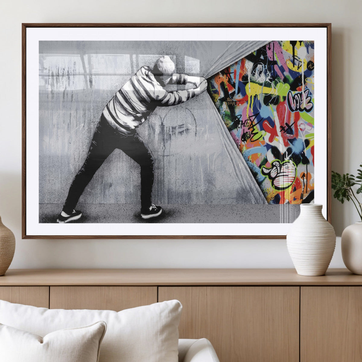Banksy Art Behind the Curtain Street Wall Art Canvas Print | Urban Graffiti Style Wall Decor