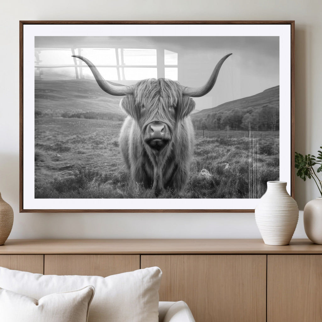 Black White Scottish Highland Cow Canvas Farm Wall Art