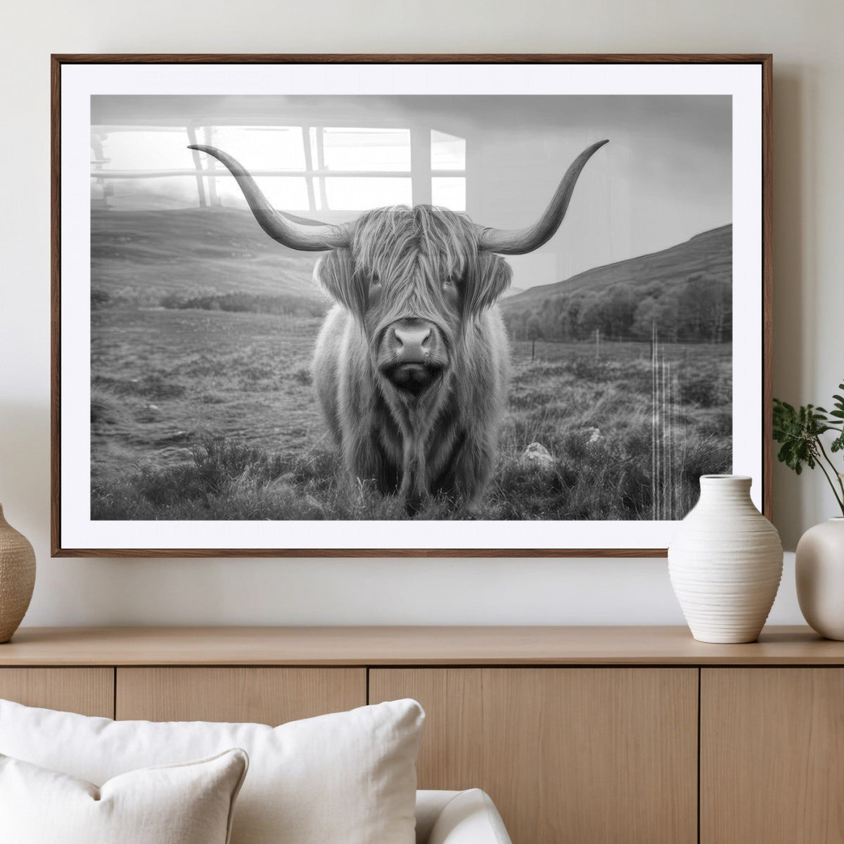 Black White Scottish Highland Cow Canvas Farm Wall Art