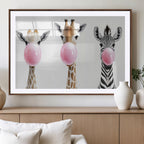 Bubblegum Animals Canvas Wall Art, Playful Giraffe and Zebra Trio, Whimsical Nursery and Kids Room Decor