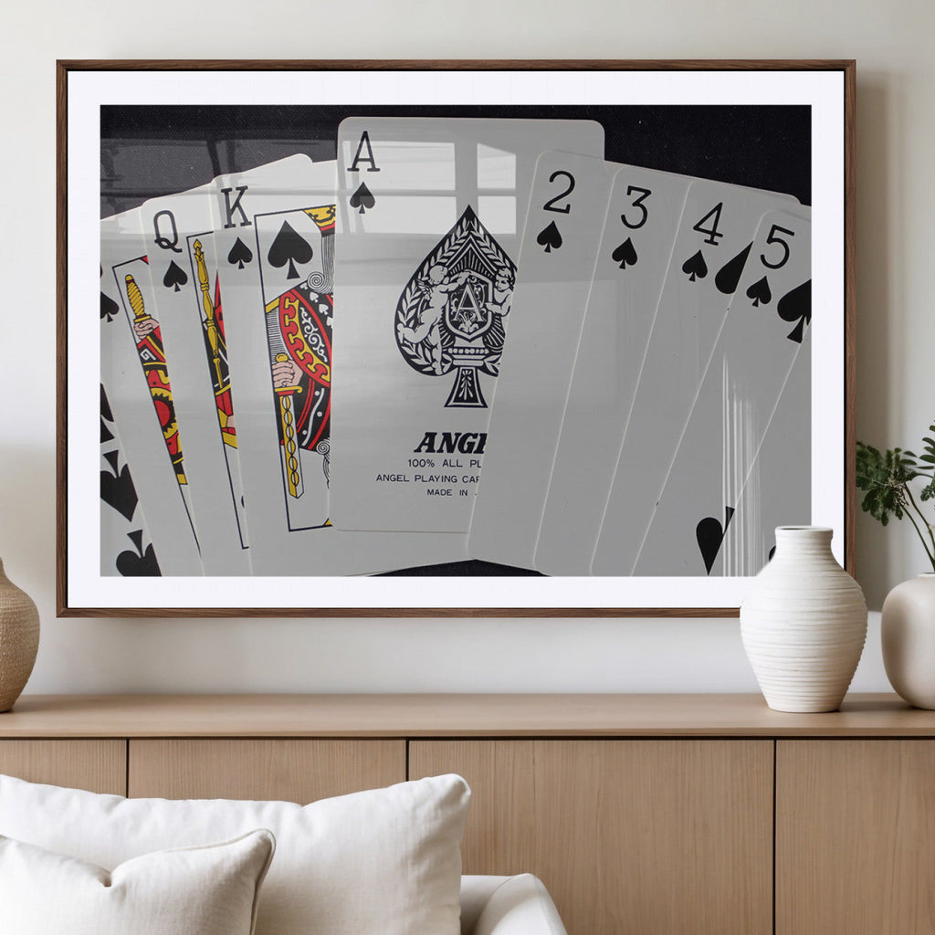 Poker Wall Art - Playing Cards Canvas Wall Art Print - Ace of Spades and Royal Flush Design