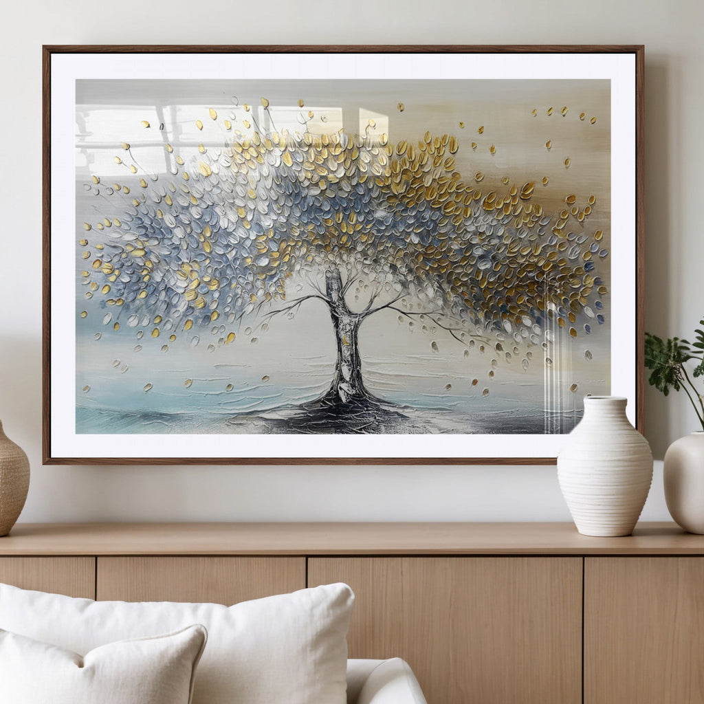 Golden and Silver Tree Wall Art | Framed Elegant Leaves Canvas