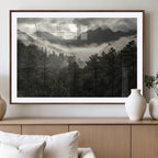 Moody Forest Wall Art | Framed Mountain Fog Canvas Artwork