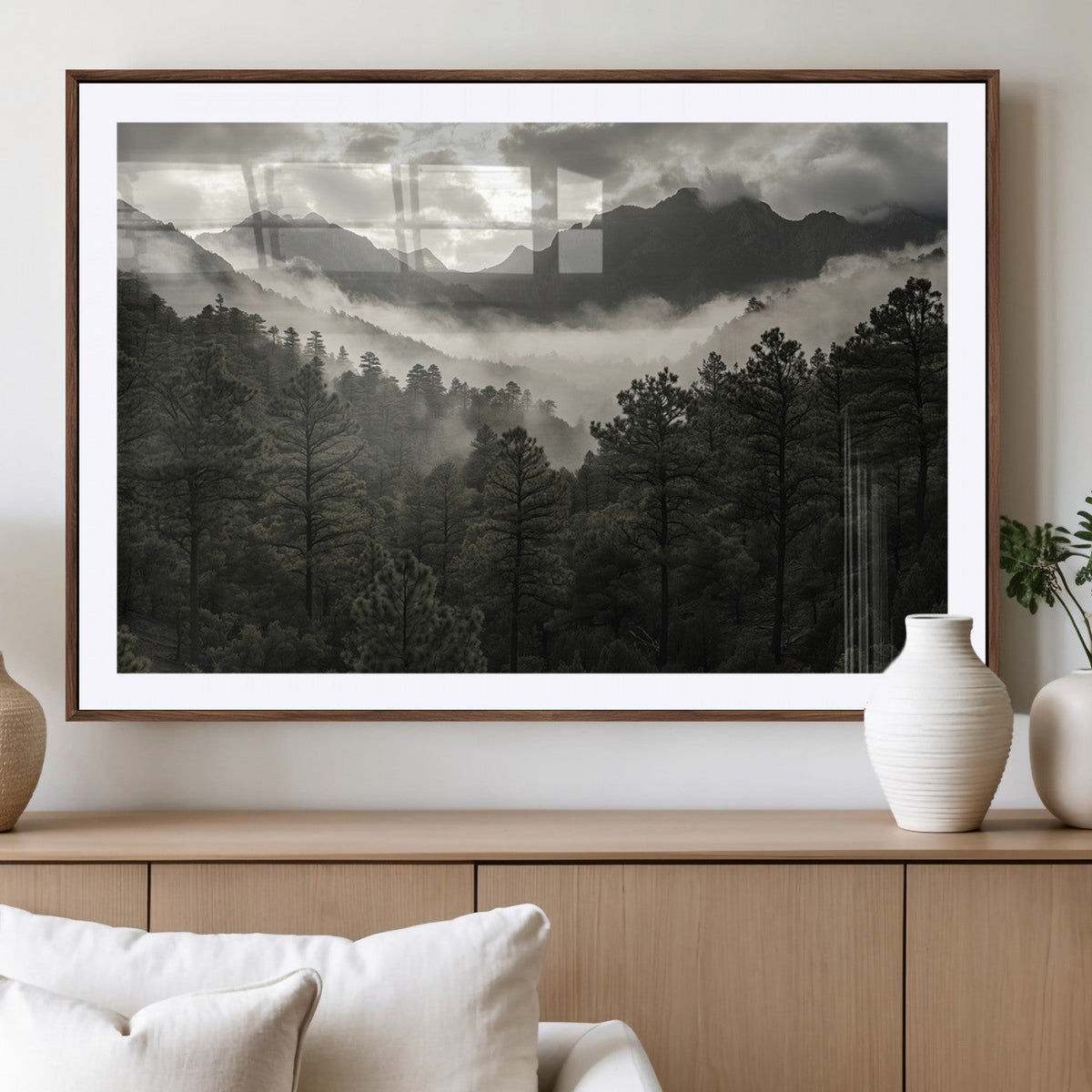 Moody Forest Wall Art | Framed Mountain Fog Canvas Artwork
