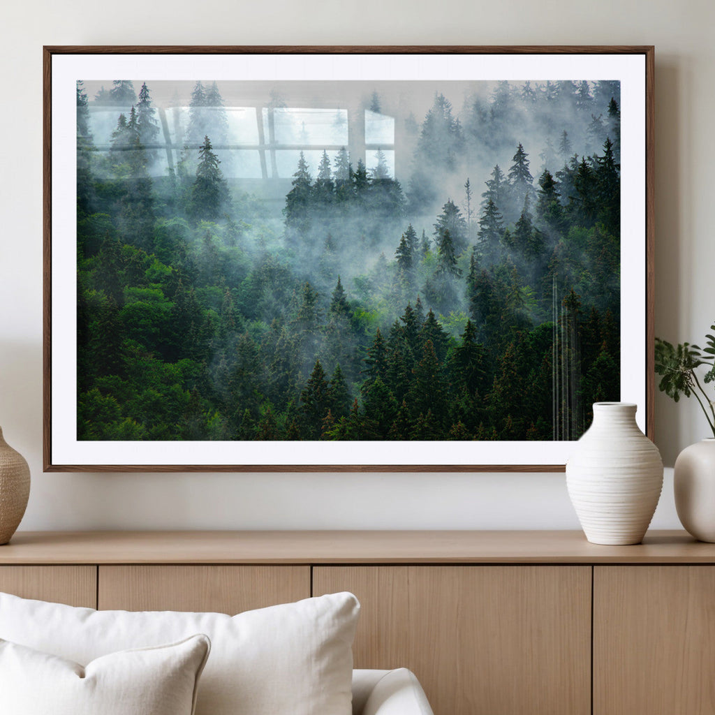 Misty Forest Wall Art Canvas Print, Framed Foggy Mountain Art, Large Scenic Woodland Canvas