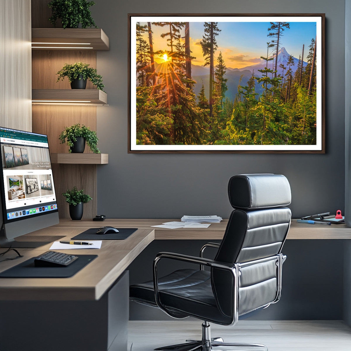 Forest Sunset Wall Art Canvas Print | Green Pines in Golden Light
