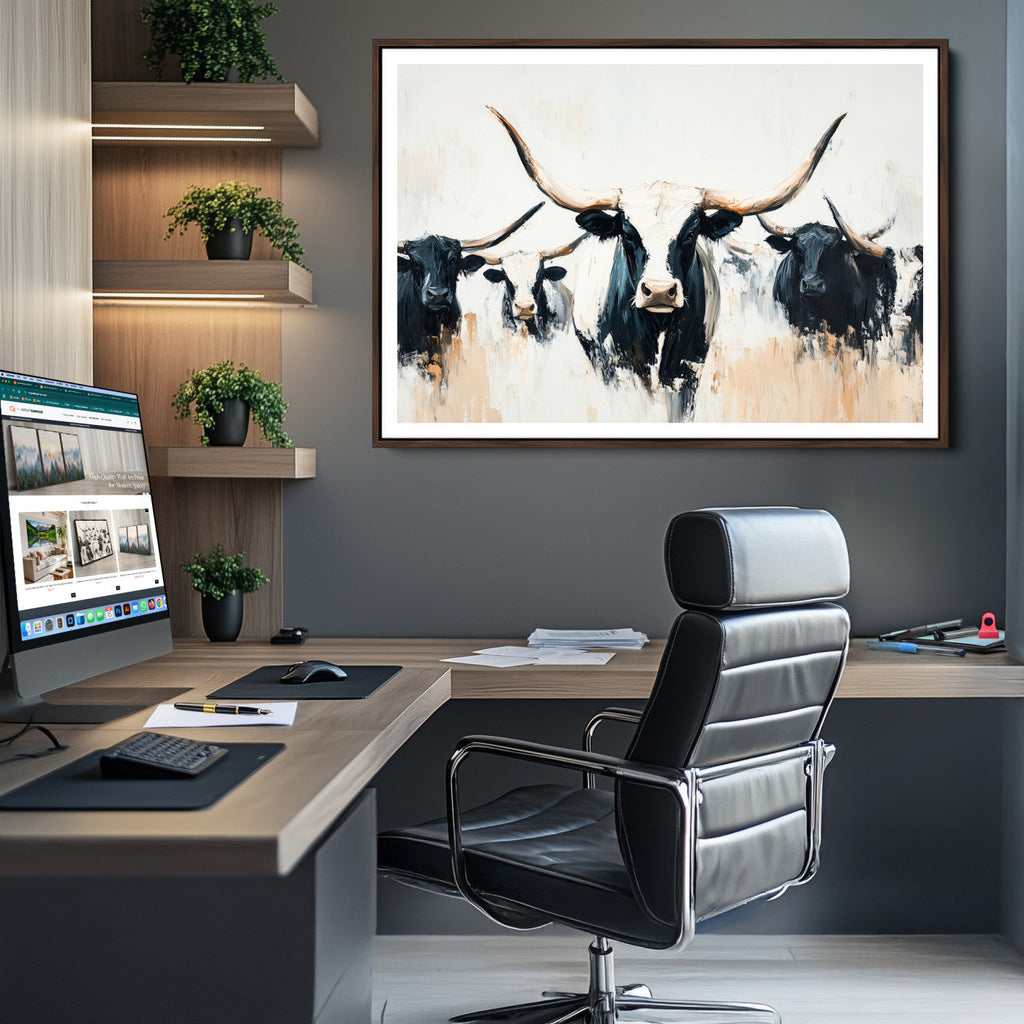 Texas Longhorn Wall Art Canvas Print | Majestic Horned Bull in Black and White