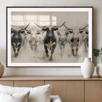 Texas Longhorn Wall Art | Framed Cattle Walking Canvas
