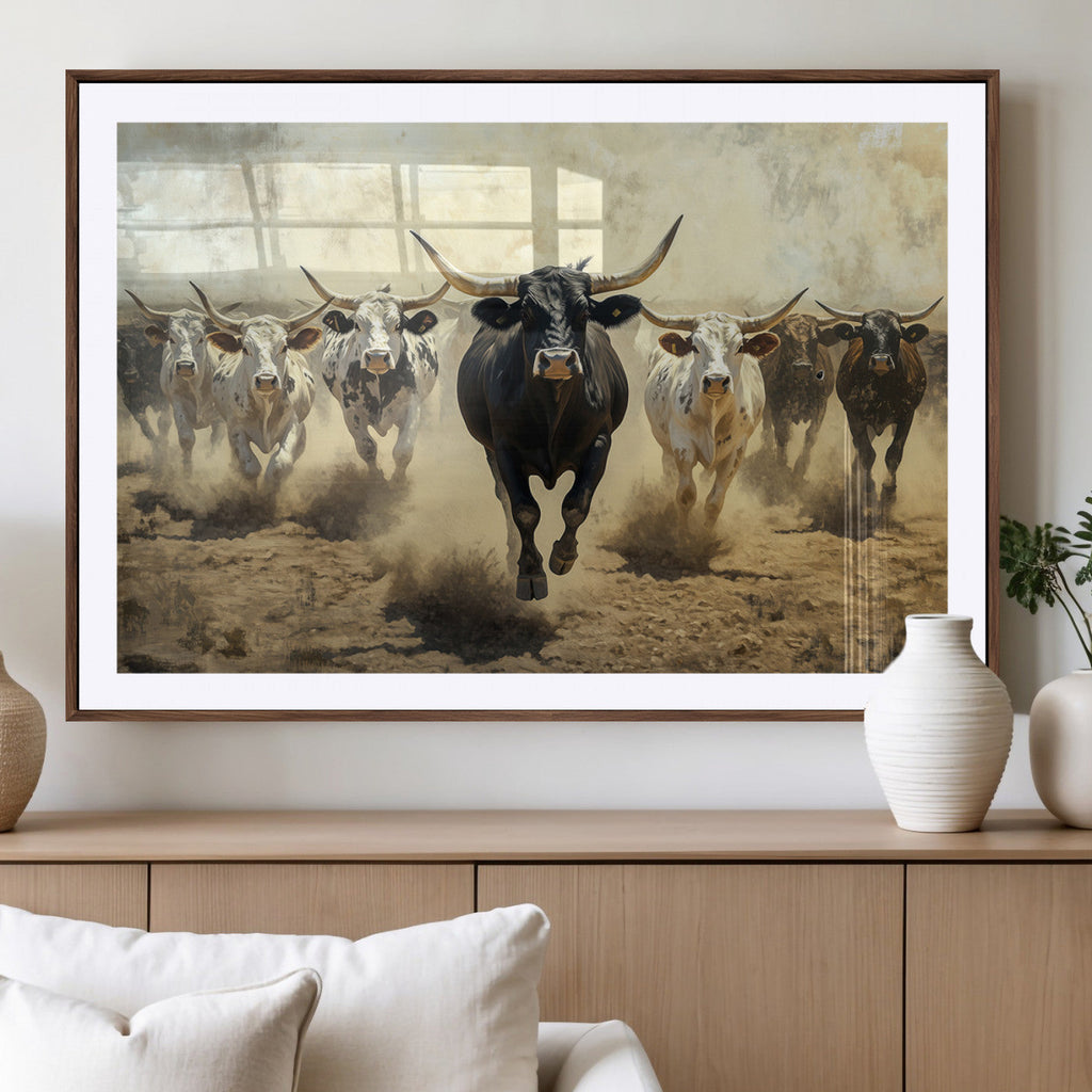 Texas Longhorn Wall Art | Framed Charging Cattle Canvas