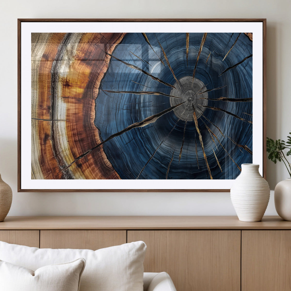 Framed Abstract Tree Ring Wall Art Print, Natural Rustic Wood Grain Canvas Print