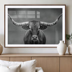 Texas Longhorn Wall Art Canvas Print, Framed Western Bull Photography, Rustic Log Cabin Decor