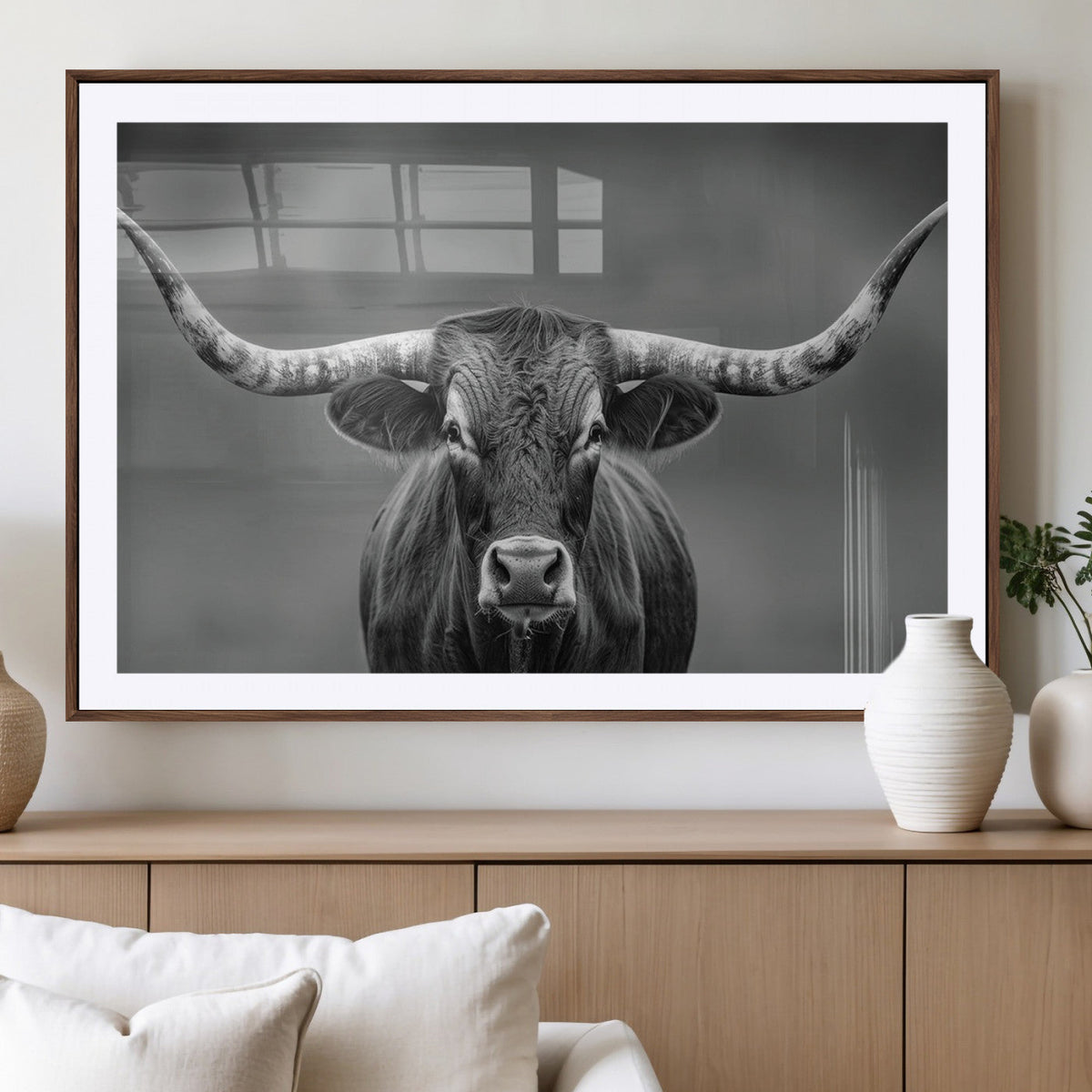 Texas Longhorn Wall Art Canvas Print, Framed Western Bull Photography, Rustic Log Cabin Decor