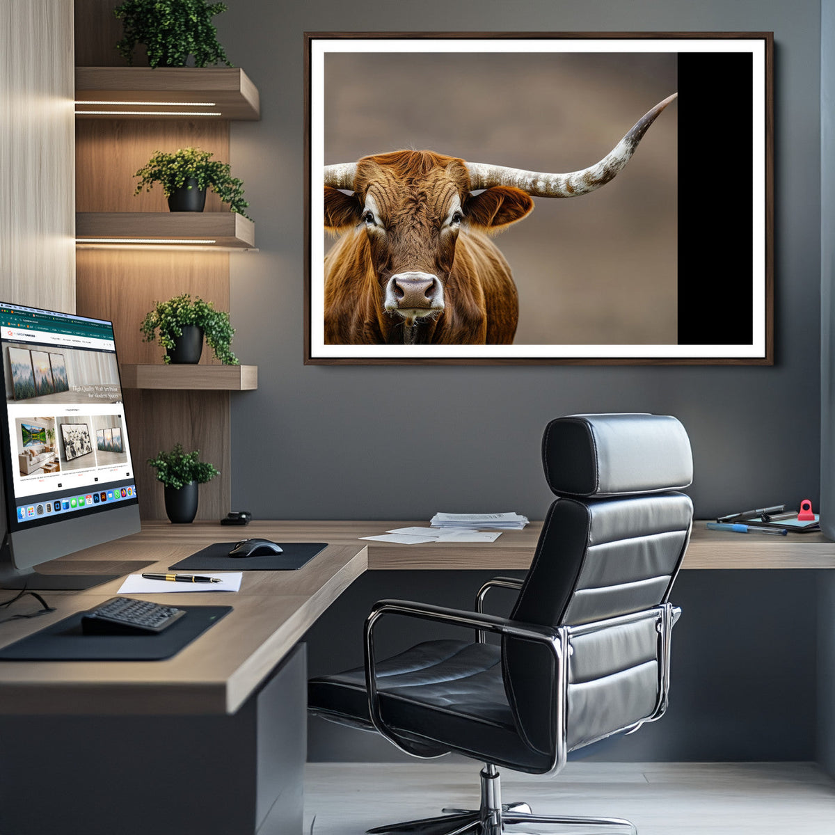 Texas Longhorn Wall Art Canvas Print | Rustic Brown Bull Western Decor