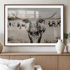 Texas Longhorn Wall Art Canvas Print | Framed Speckled Brown and White Bull