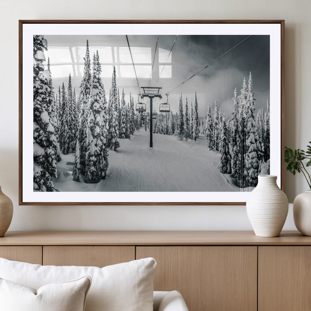 Snowy Pines Wall Art Canvas Print | Ski Lift in a Winter Forest