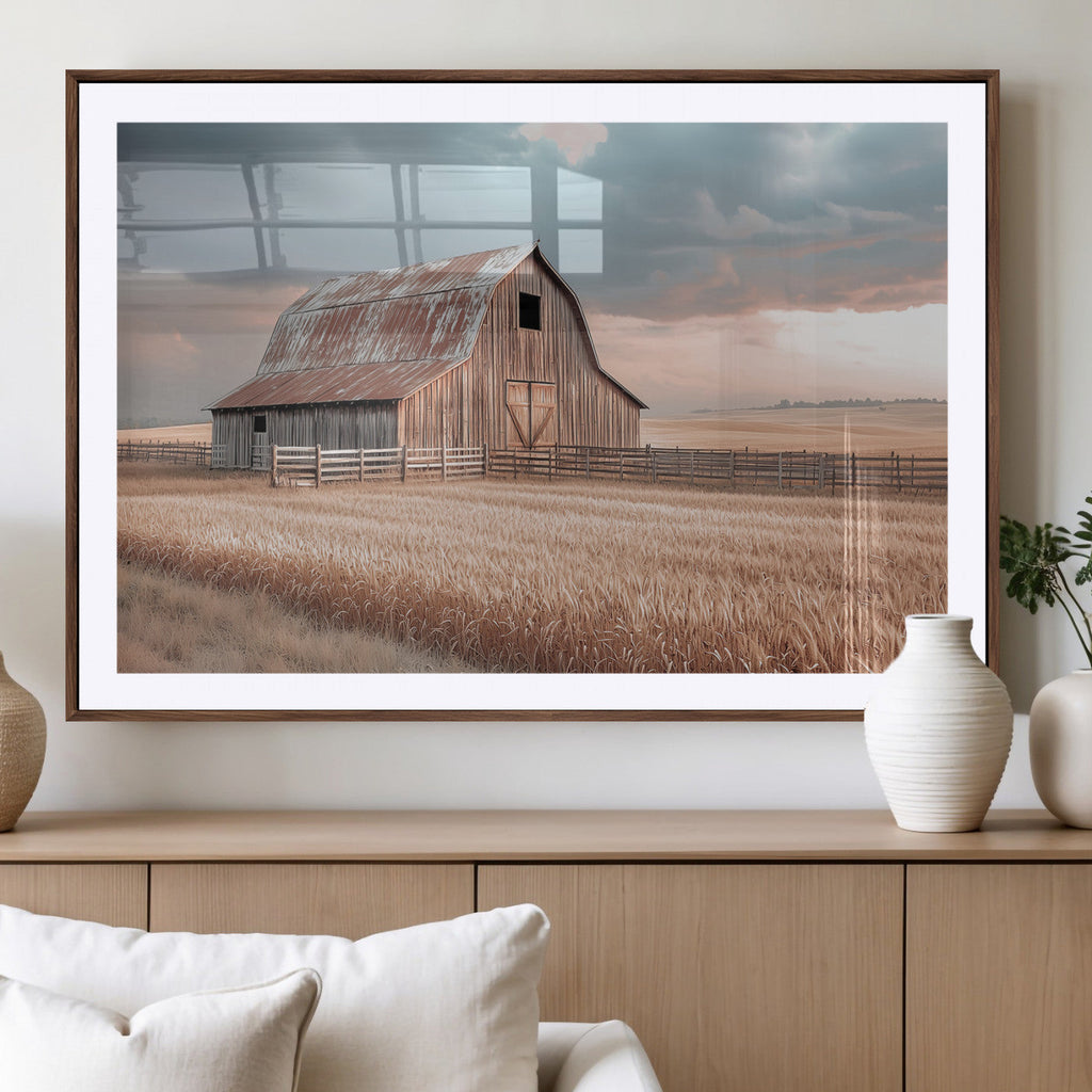 Rustic Barn Wall Art Canvas Print, Framed Wheat Field Scene