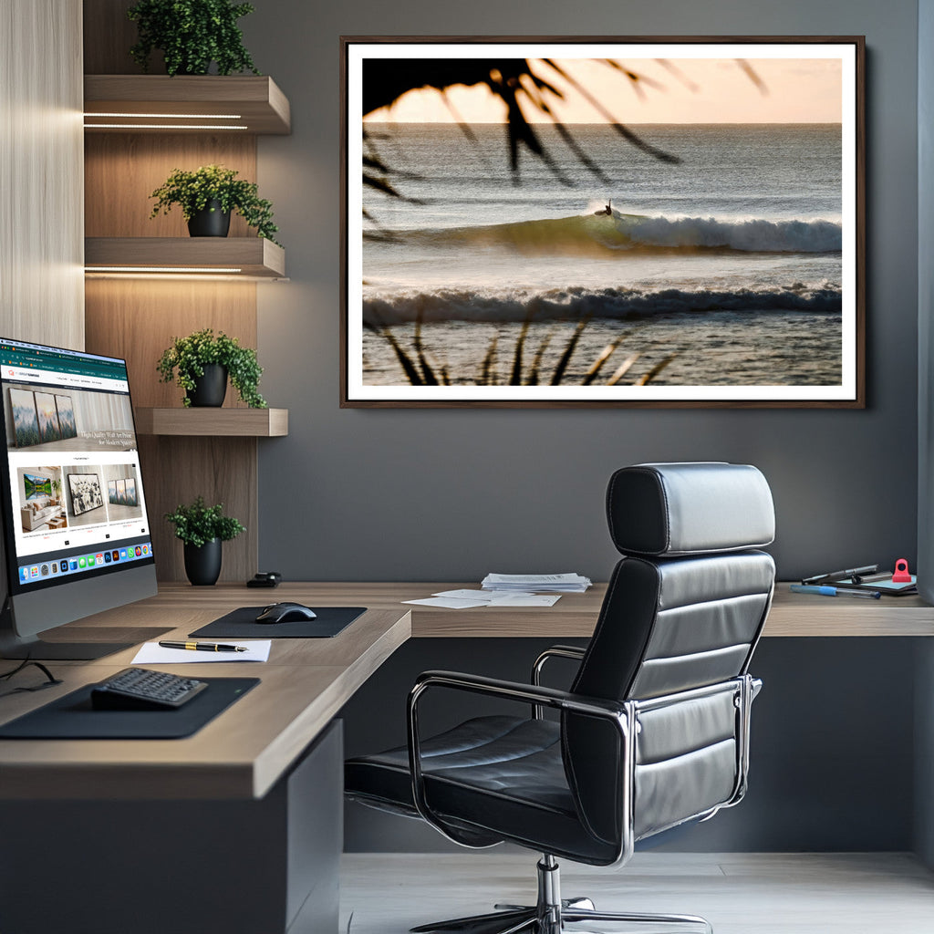 Sunset Surf Wall Art Canvas Print, Framed Golden Hour Waves Boho Beach Art