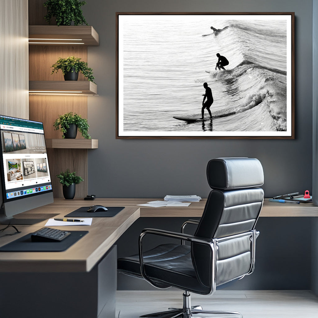 Surfers on Waves Wall Art Canvas Print | Framed Black and White Surf