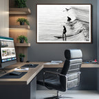 Surfers on Waves Wall Art Canvas Print | Framed Black and White Surf