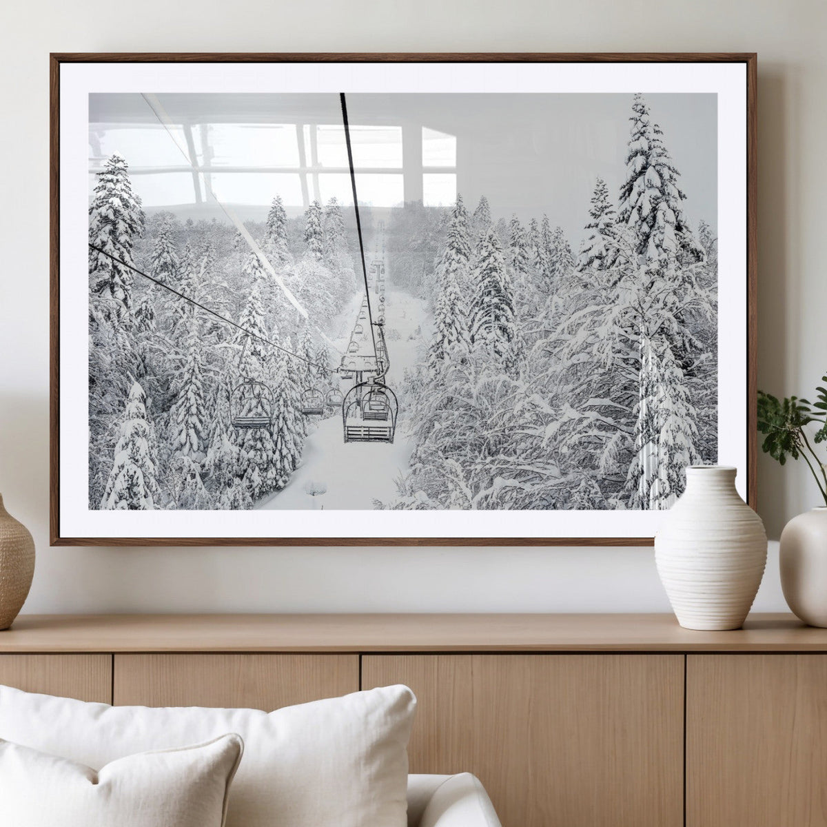 Snowy Ski Lift Wall Art | Framed Winter Mountain Canvas