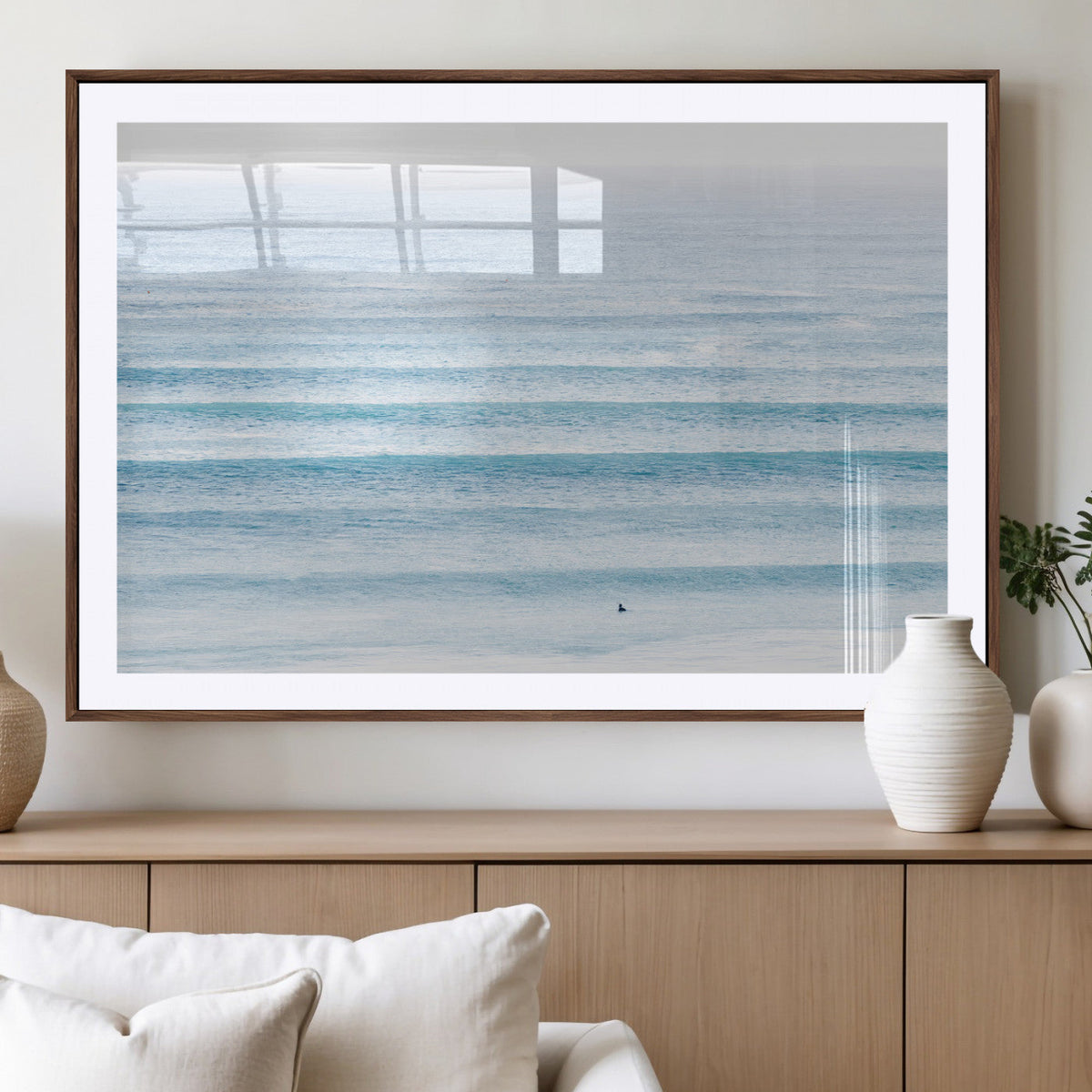 Ocean Wave Surfer Wall Art | Framed Minimal Seascape Canvas