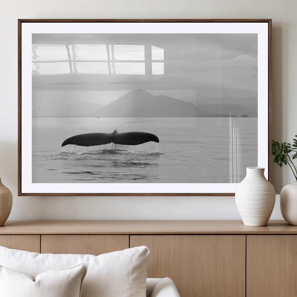 Whale Tail Wall Art | Framed Black White Ocean Canvas