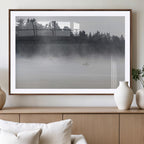 Surfer Fog Wall Art Canvas Print, Framed Foggy Beach and Coastal Surf Scene