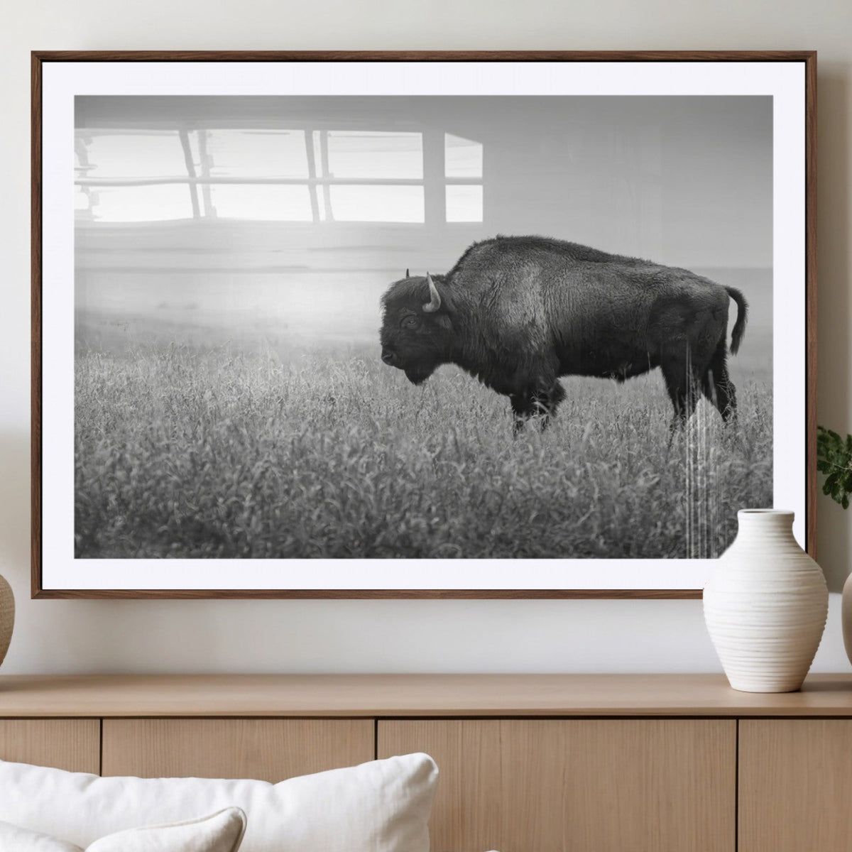 Bison Wall Art Canvas Print, Framed Rustic Wildlife Scene with Wild Buffalo