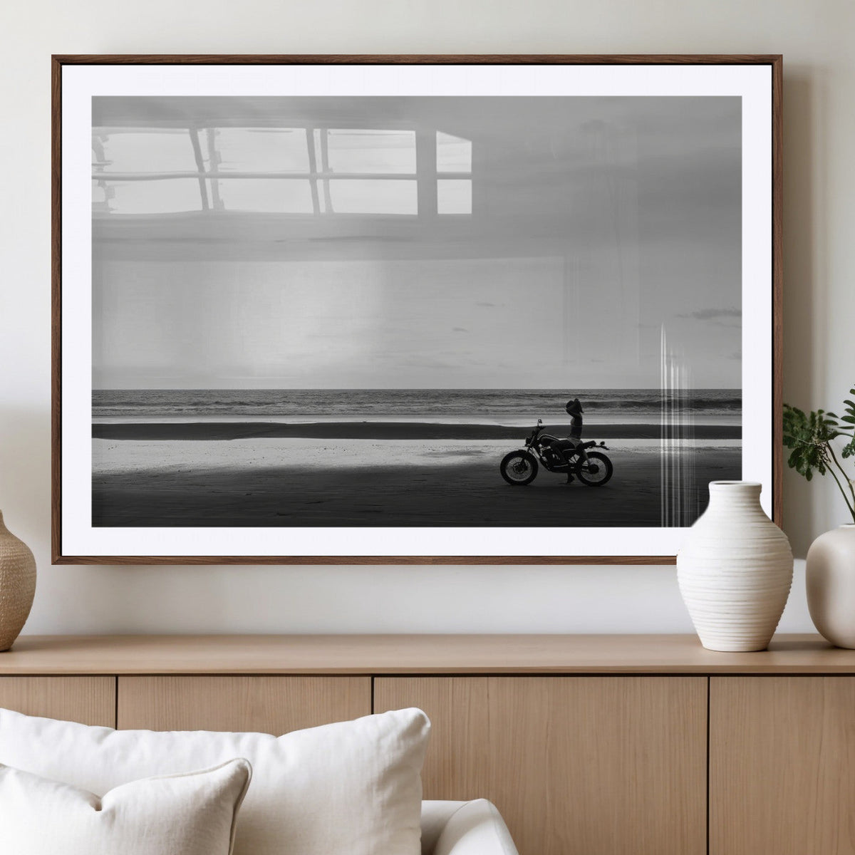 Motorcycle Beach Wall Art Canvas Print, Framed Vintage Motorcycle and Biker Silhouette