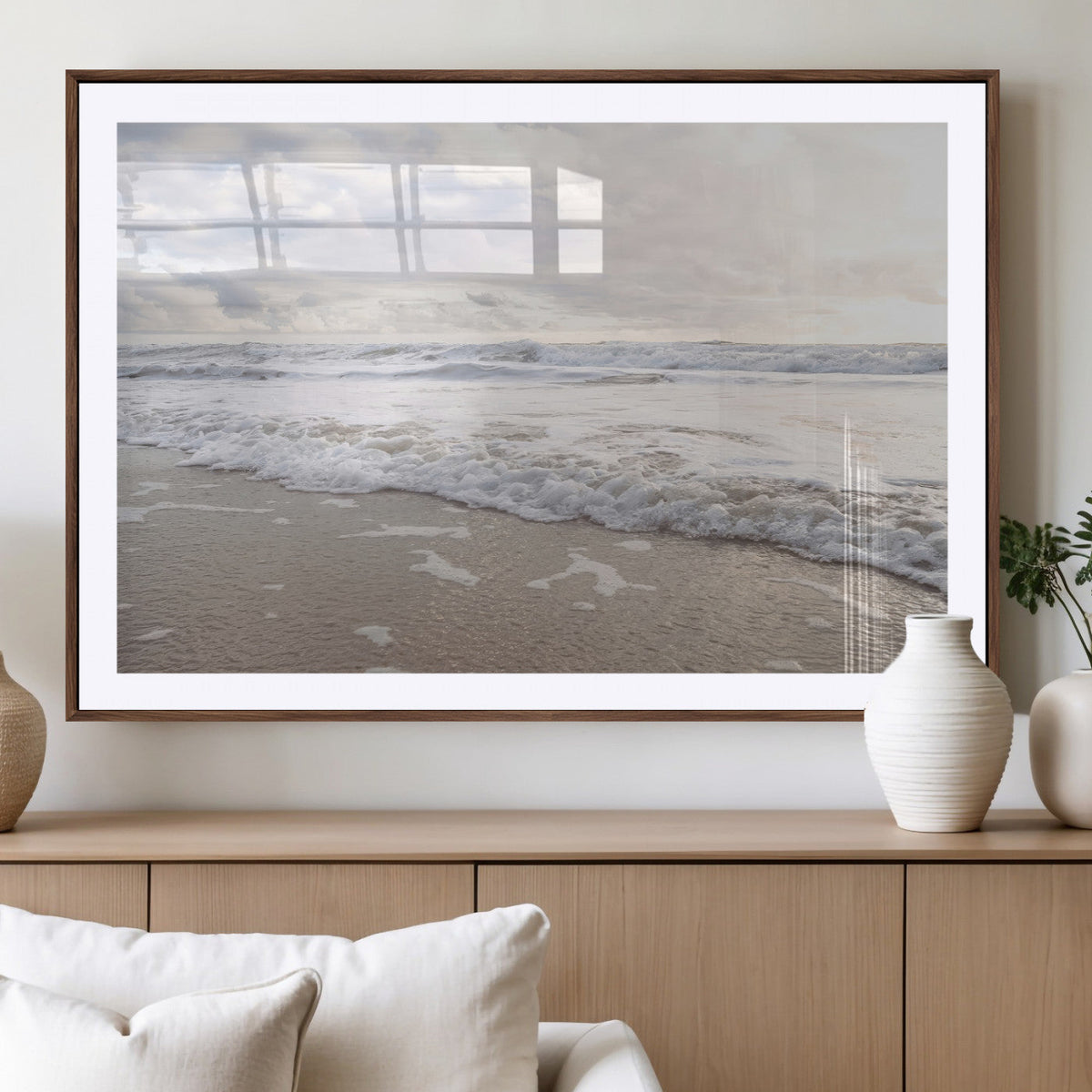 Ocean Waves Wall Art Canvas Print, Framed Coastal Shoreline Sea Foam Artwork