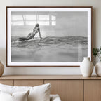 Black and White Surfing Wall Art Canvas Print, Framed Ocean Horizon Surfer Girl