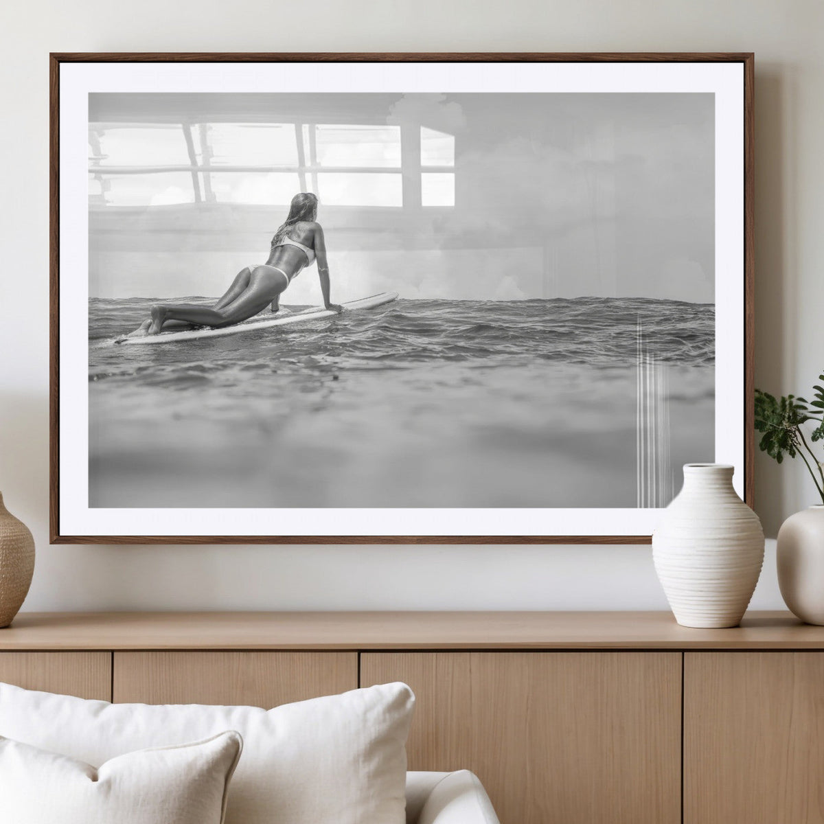 Black and White Surfing Wall Art Canvas Print, Framed Ocean Horizon Surfer Girl