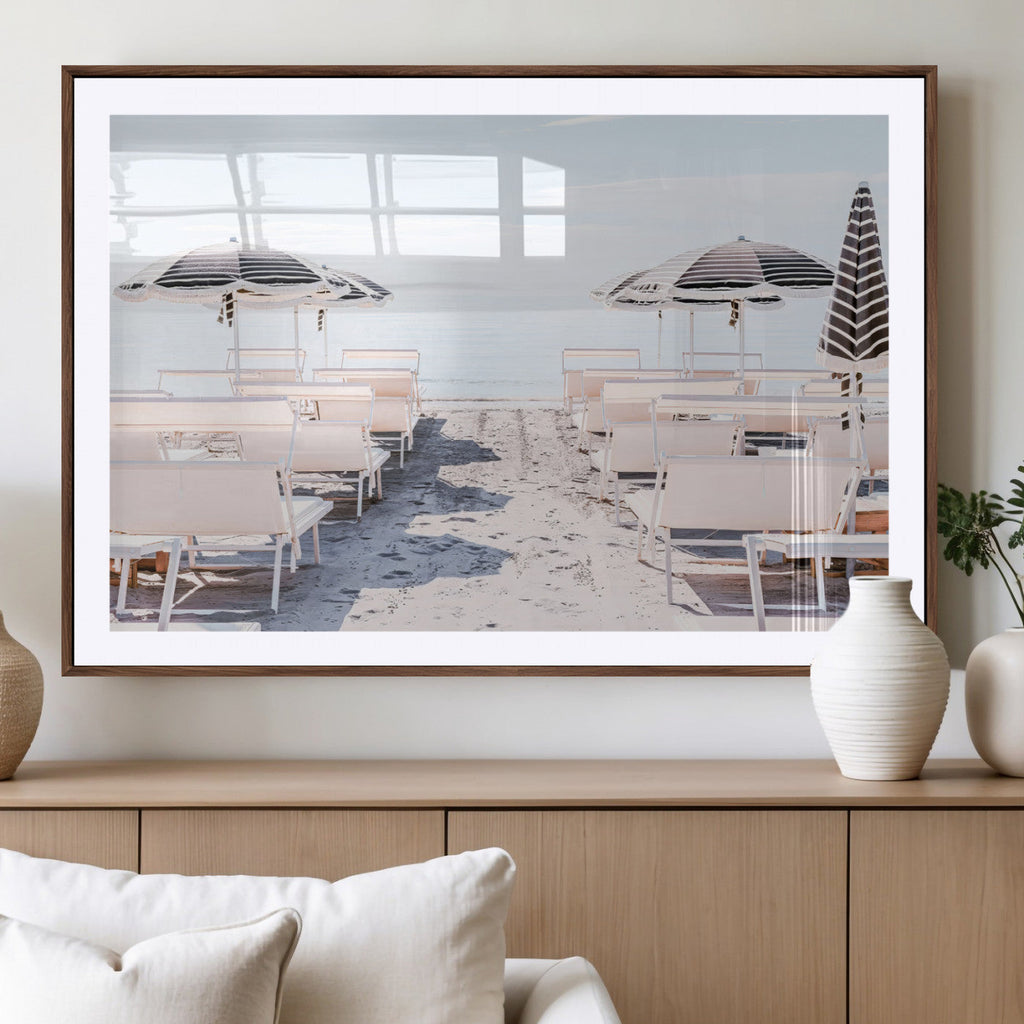 Minimalist Beach Wall Art Canvas Print, Framed Pastel Sand and Striped Umbrella Artwork