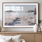 Minimalist Beach Wall Art Canvas Print, Framed Pastel Sand and Striped Umbrella Artwork